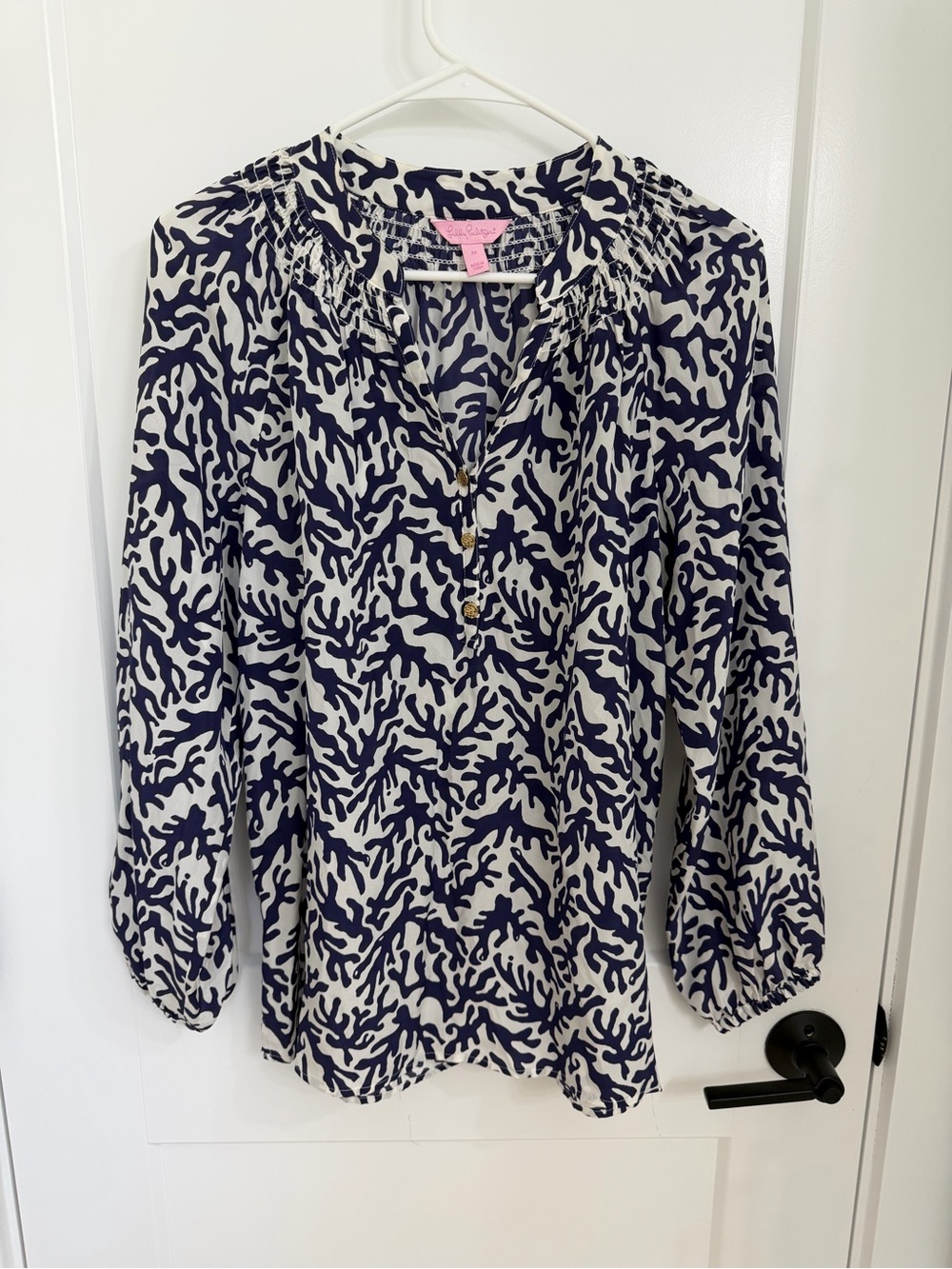 Lilly Pulitzer Navy and White Coral-Print Peasant Blouse